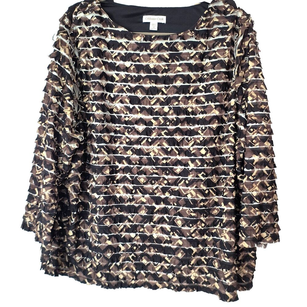 Coldwater Creek Womens Top 3X Tunisia Print Ruffle Blouse Brown Black Tan Office
